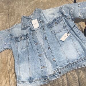 Forever 21 Women’s Light Blue Jean Jacket with Pearl Accents